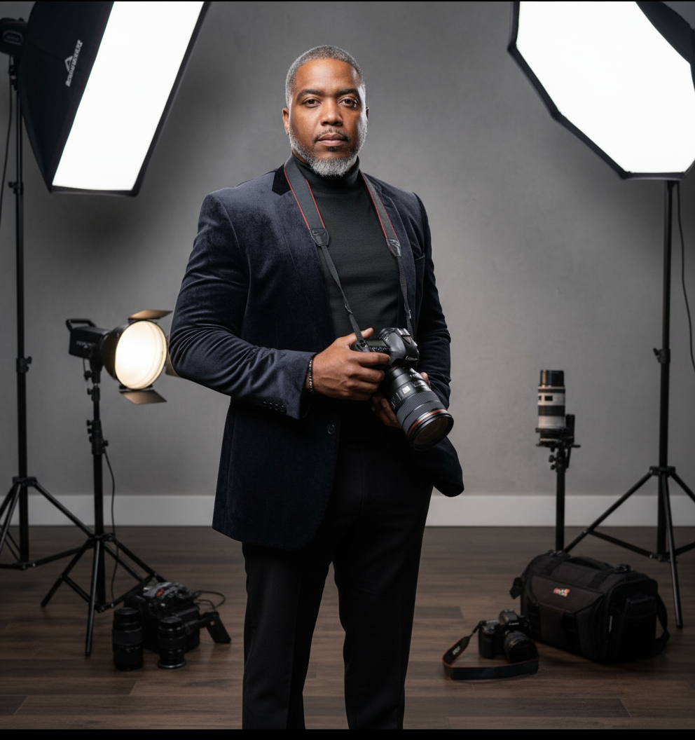 Jay.R Fogle holding a camera between studio lights