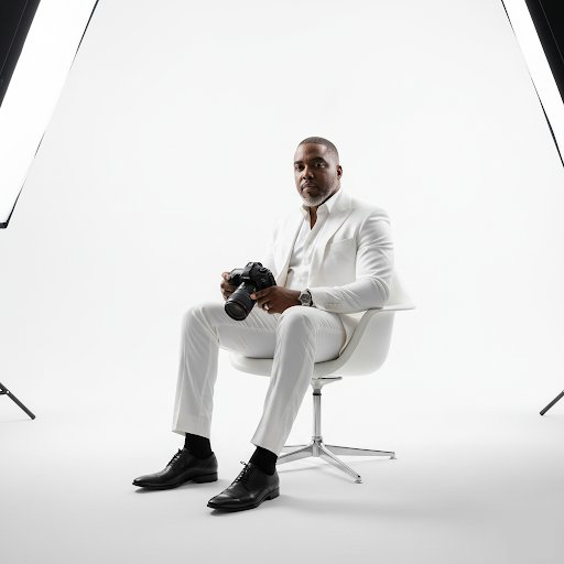 Jay.R Fogle seated in a white suit holding a camera in his studio