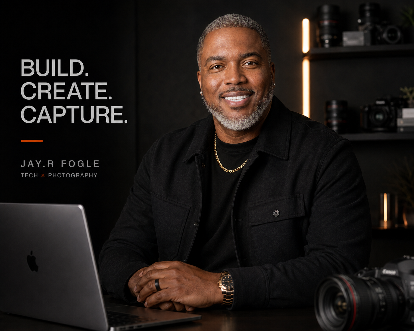 Jay.R Fogle in a black suit in a dark architectural space